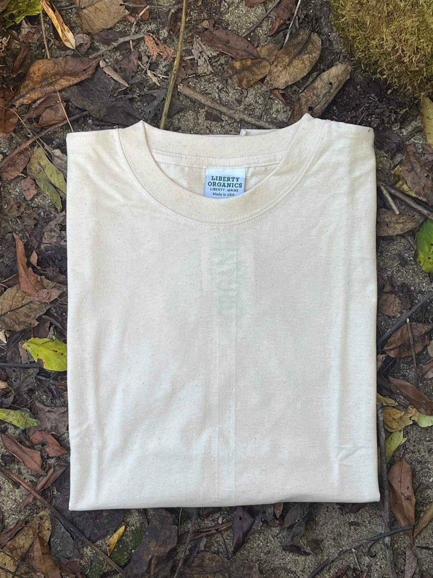 Organi cotton natural White t-shirt on a ground surface with leaves