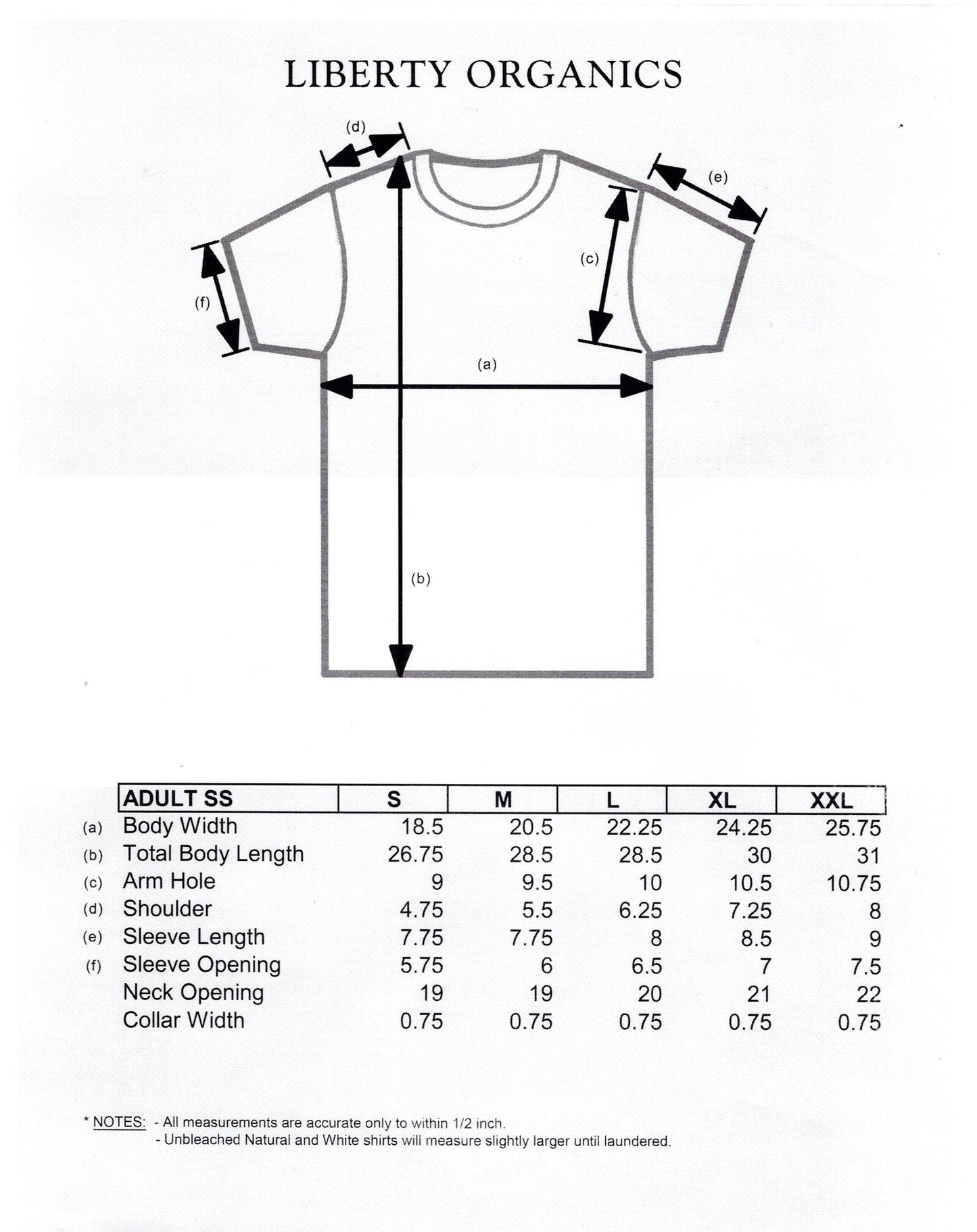 Liberty Organics t-shirt size chart with measurements on a white background