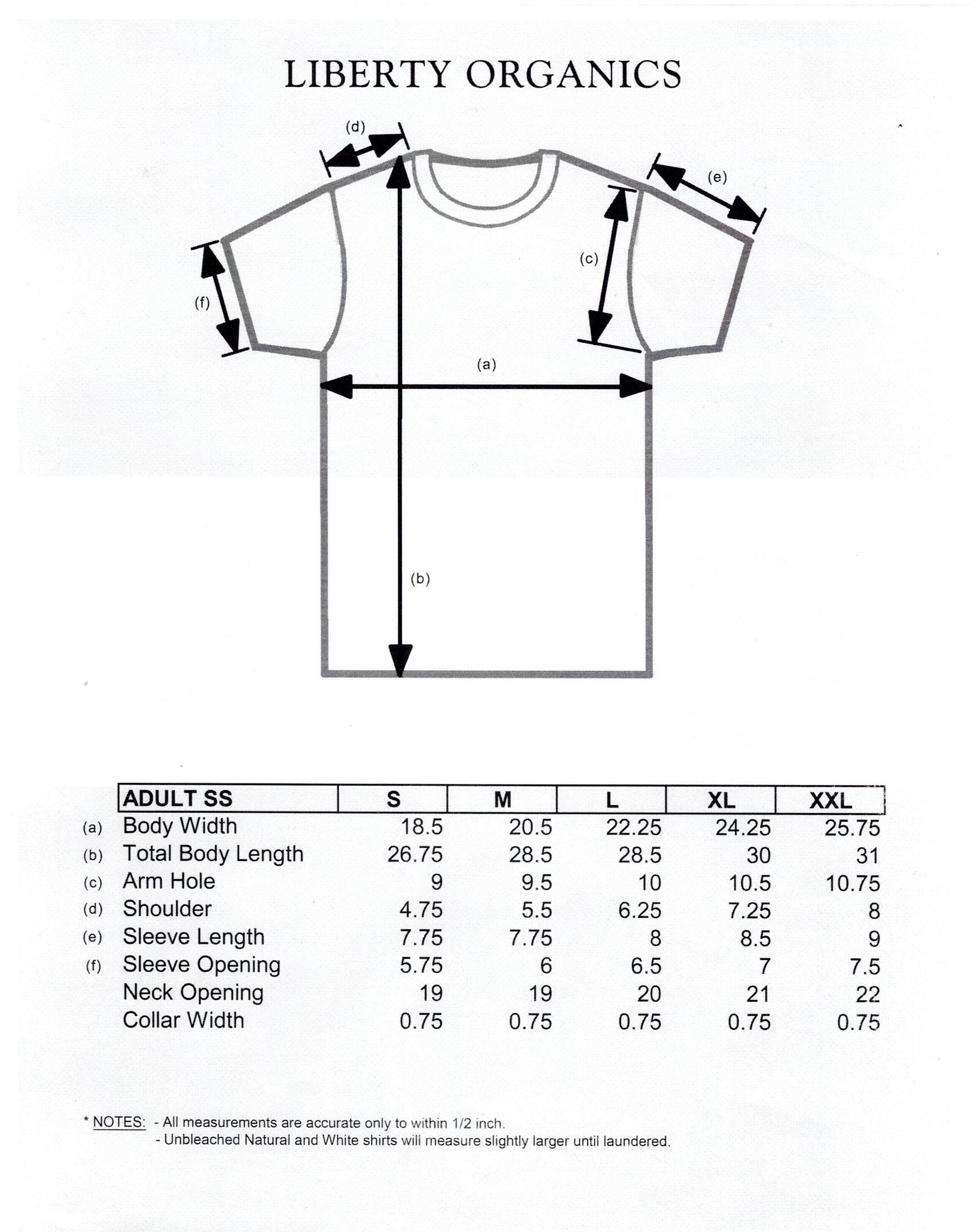 Liberty Organics t-shirt size chart with measurements on a white background